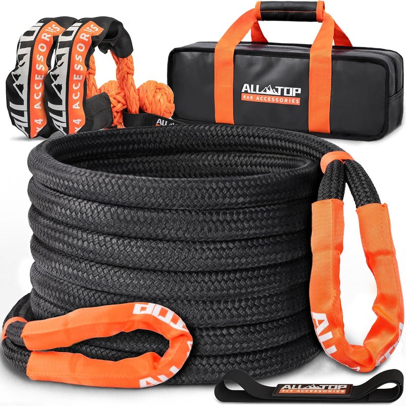 ALL-TOP Kinetic Recovery Rope Kit w/ 2 Soft Shackles, 48000Lbs, 1in x 30ft, Heavy Duty 30+% Elasticity, 16000Lbs Work Load Limit - Image 1